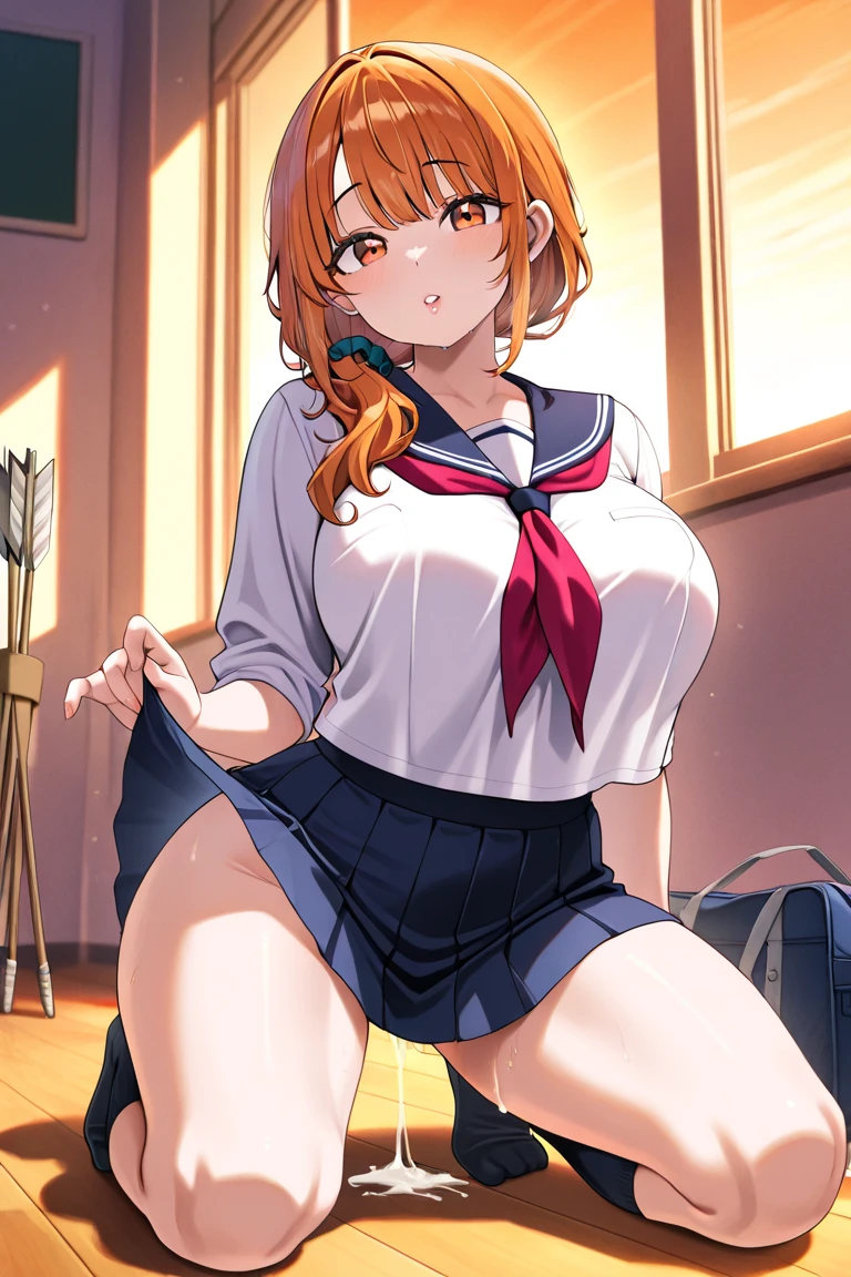 alone, Yuuki Asuna, ((masterpiece)), High resolution,Bright orange hair、vapor、Spread your legs、classroom、Sailor suit、((Wet white panties))、Touching the thigh with your hand、Comic book style、２Being molested by a man、Underboob
