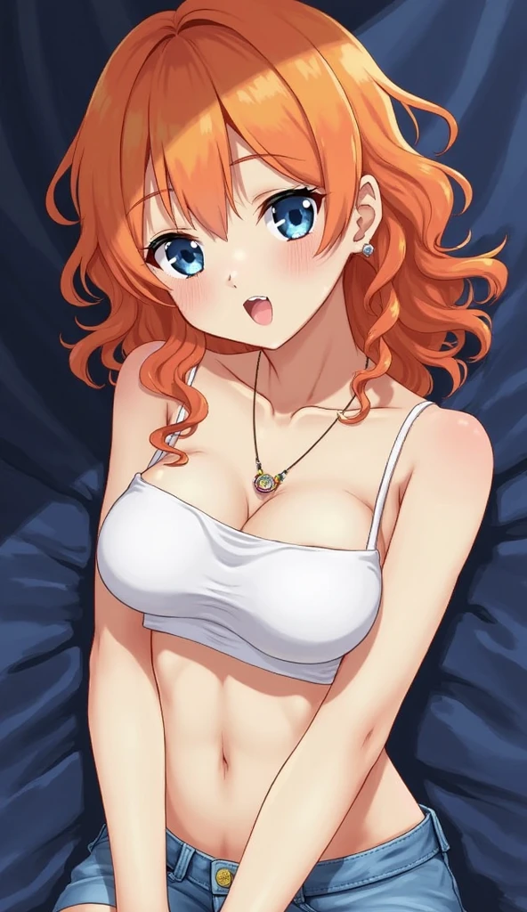 Masterpiece,best quality,Kousaka honoka, blue eyes, orange hair, looking_at_viewer, upper body, cozy top, cleavage , perfect shadow, beautiful, pink nurse top, cleavage, bent over, no bra