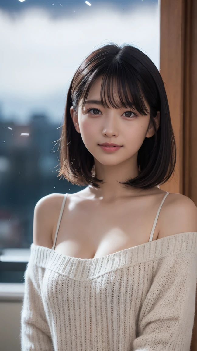 (logo, masterpiece, 8K, Tabletop, RAW Photos, wonderful, 最high quality, Photorealistic and very detailed CG composite 8k wallpaper, high quality, Very detailed, Narrative poem, Particle Effects, Dynamic Effects, Depth of the Boundary, Cinematic Light, Lens flare, Ray Tracing), short hair beautiful young woman, Hair tied back, high detail skin, very fine, fine skin texture, beautiful face, realistic eyes, beautifully detailed eyes, realistic skin, beautiful skin, surreal, smiling eyes, Hair and light eyes, Vibrant, Colorful lights and bokeh. The lighting casts a warm glow on her face and hair, Blue glow, Water surface reflection, Creates a dreamy and magical atmosphere, Big Breasts, Brown Hair, short hair, plump lower lip, pink blush on the cheeks , pink lips, brown tight no-shoulder knit sweater