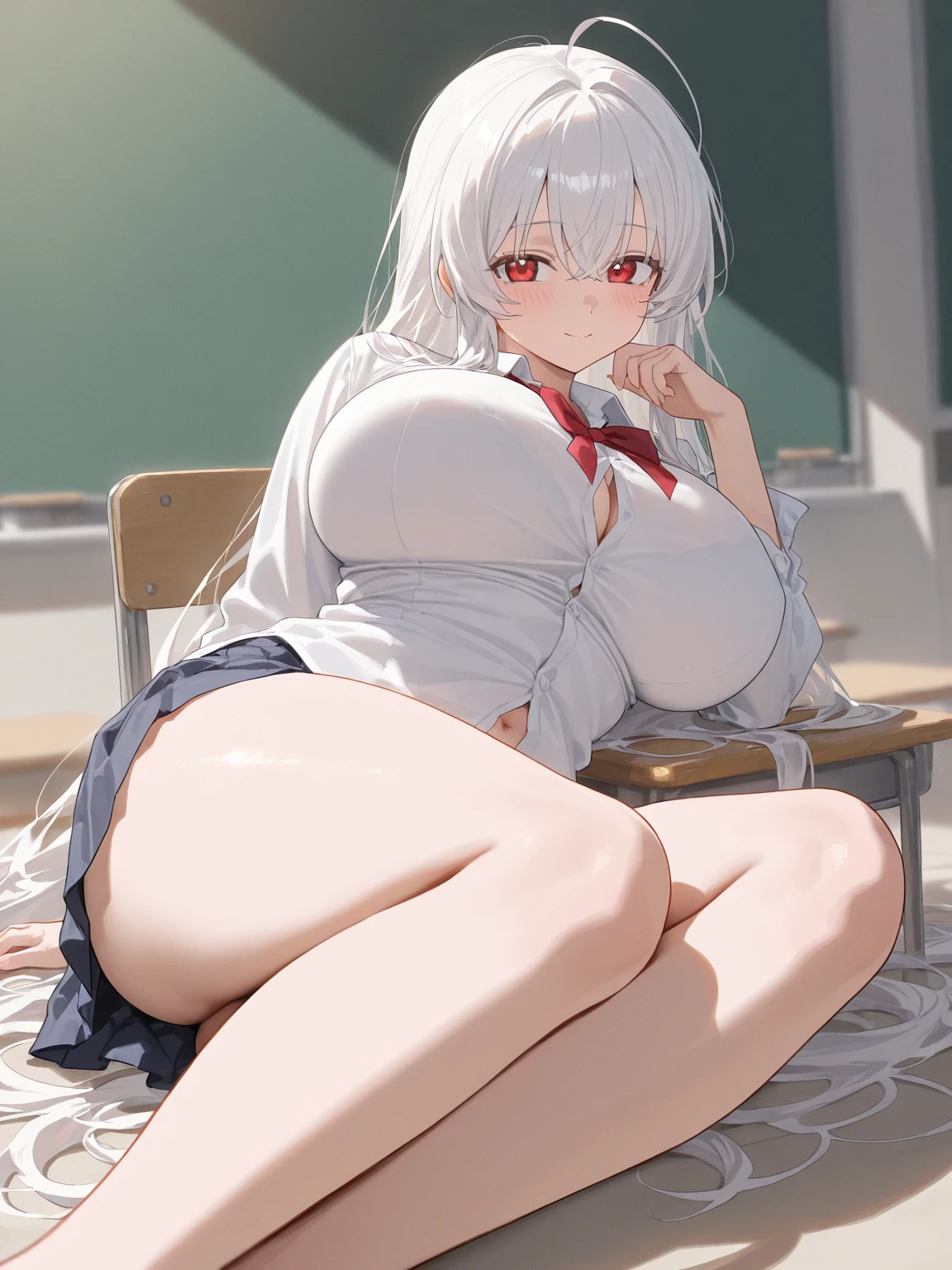 1girl, ((complete nude)), pubic hair, (medium breasts), beautiful nipples, masterpiece, best quality, absurdres, long hair, (shiny skin:1.2), (show off nude:1.3), blue eyes, grey hair, hair between eyes, bangs, ahoge, from below, pov , close up cleavage of the breasts, sunshine, classroom, underboob, red bow,