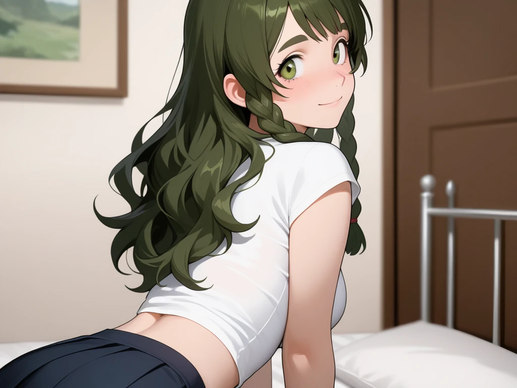 Crossdressing, male effeminate character, {{brown long hair}}, green overalls, green eyes, white t-shirt with black sleeves, messy hair, big dick, NSFW, masturbating his dick