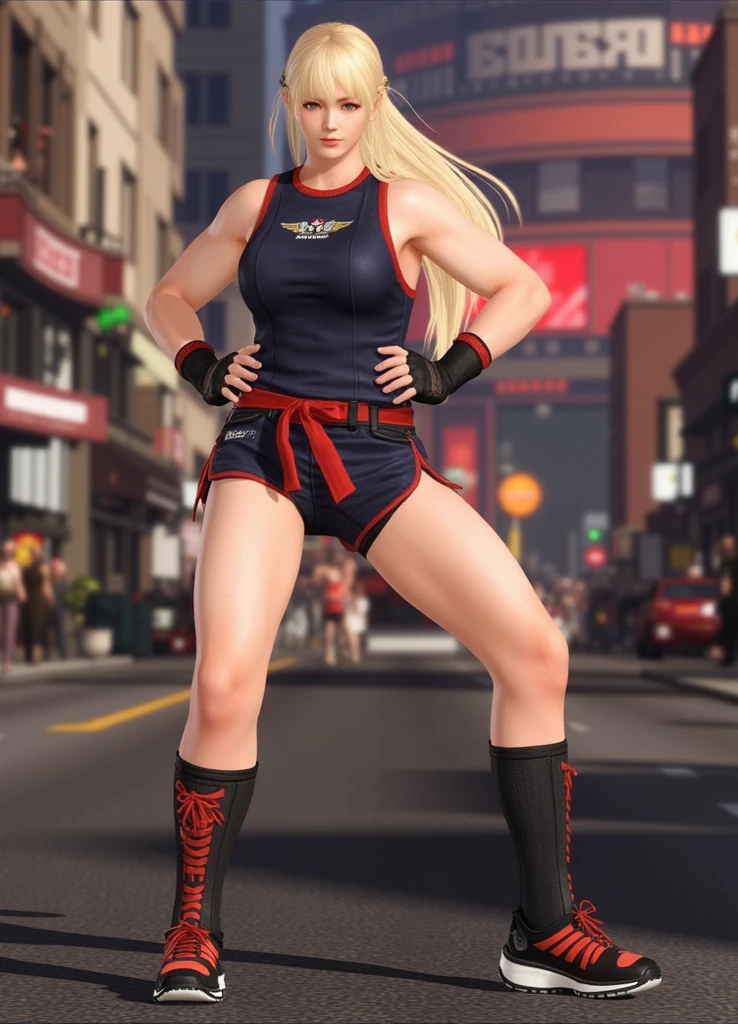 (Masterpiece, plain background:1.2) Blackest blacked dark skin elf 1sologirl (8k, best quality, masterpiece:1.2) (realistic, photo-realistic:1.37) (full body) 1female solo girl, standing straight symmetrical contrapposto 2legs apart (wide stance) ultra detailed, cute (beautiful detailed eyes) (smile:1.2) (closed mouth) (red cheeks) sharp focus, depth of field, good composition, very long straight WHITE SILVER hair, hair bang ((red eyes)), intricate, bokeh (Tetsuya Nomura style) perfect knockers, white tank top, black thong, suspenders, red gloves gauntlets, white stockings, toned body, athletic, wide hips, thin waist, toned arms, exposed abdomen, abs toned, navel, big belly button belt, view from behind