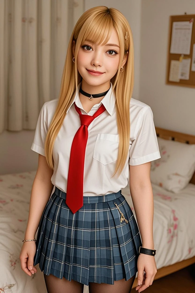 Smile、photorealisim、top-quality、超A high resolution、a picture、Photos of very beautiful Nordic-born girls、Extraordinarily beautiful girl、Detailed cute and beautiful happy face、(pureerosface_v1:0.008)、Beautiful bangs、alice in the wonderland、12year old、Glowing white shiny skin、Bangs that extend to the face、Bangs between the eyes、length hair、Attractive bright natural platinum blonde silky hair、Cute hairstyles、finer hair、thin-waist、High-definition eyes、 Bright and clear、Big light blue eyes shine charmingly、Uniform Uniform、Random Color Plaid Pleated Skirt、(skirt rift)、Sexy Panties、eye liner、Double eyelids、Lush medium semi-nude bust、clevage、Perfect beautiful young body、Perfectly proportioned body、Bedrooms、sit on a bed、sit in