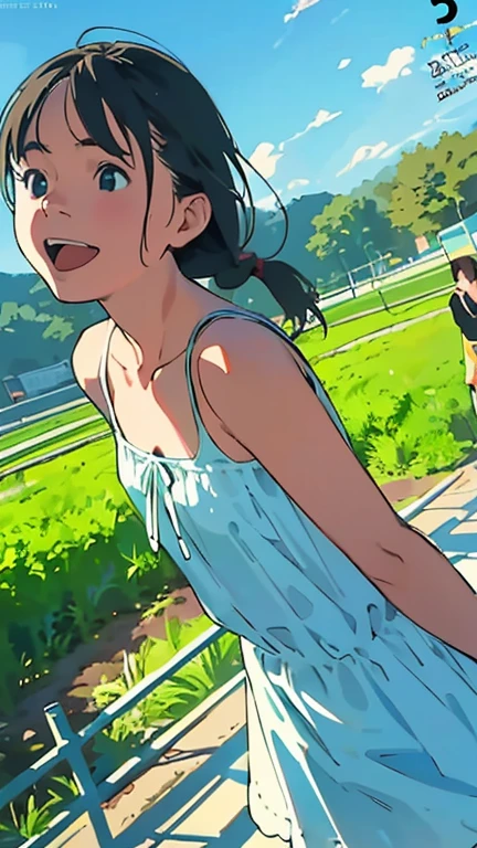 (masterpiece, best quality:1.2), nsfw, (multiple girls, 3girls), (outdoors, nature, summer vacation), (pond, swamp, water, wading, aquatic plants, lotus leaves), (black hair, short hair, twintails, hair bobbles, hair ornament, hairband, straw hat), (dress, camisole, bare shoulder, polka dot), (shorts, skirt), sandals, (smile, open mouth:1.1), dappled sunlight
