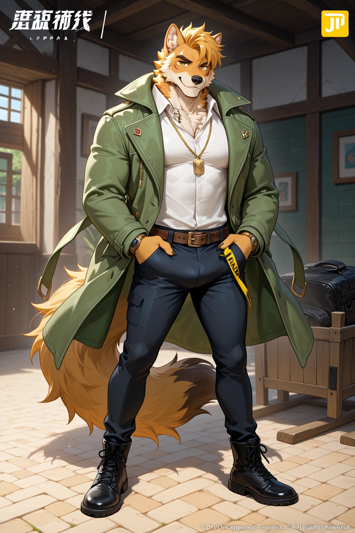 Furry, anthropomorphic wolf, Russet brown fur, dark brown hair, dark green eyes, 6'1 and 173 lbs, 41" Chest, 19" Shoulders, 13" Biceps, 32" waist, 23" Thighs, 15" Calves, 19" Back, wearing Green sleeveless vest, wearing white shirt with long sleeves, Green polka-dot's on shirt, wearing Patchwork pants, wearing clown shoes, wearing clown makeup, smiling calmly, looking mischievous, soft colors, vivid colors, pastel colors, soft shading
