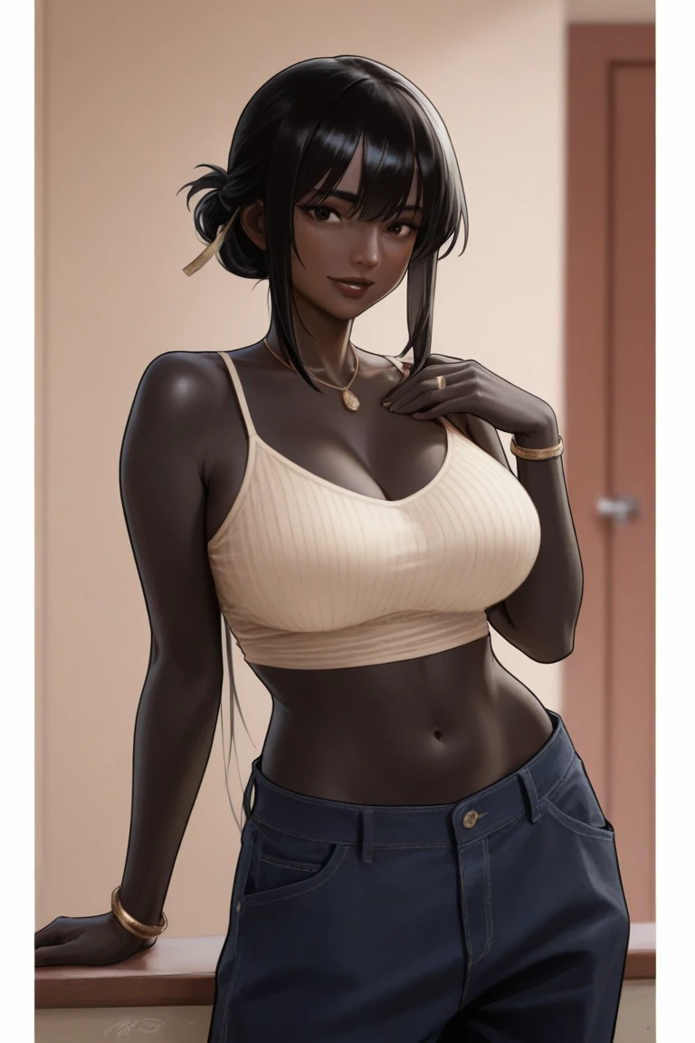 1 woman, yoruichi shihouin, dark skinned, ((detailed eyes:1.2)), sexy, sensual, sleeveless, sideboob, masterpiece, top quality, best quality, official art, beautiful and aesthetic:1.2), extreme detailed, colorful, highest detailed