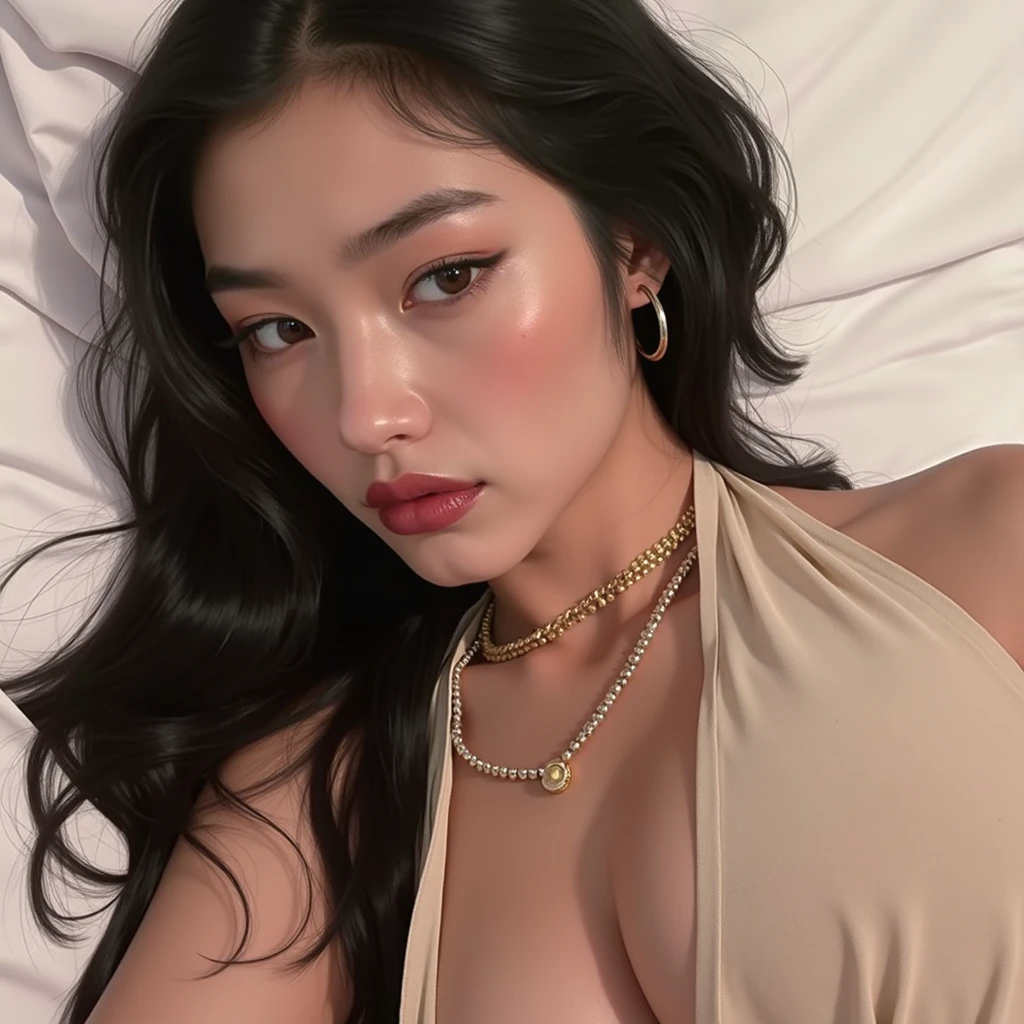 Jennie kim, wavy black hair, full lips, doll lips, large eyes.