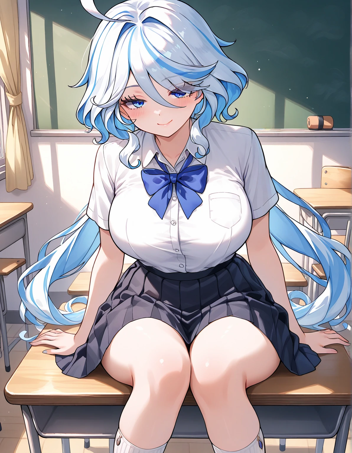 1girl,masterpiece, ((kafuu chino)), blue hair,long hair,x hairornament, jitome, (cowgirl position), pov,girl on top, 1boy muscular male, cum in pussy,nsfw, from below, nude,skirt lift,