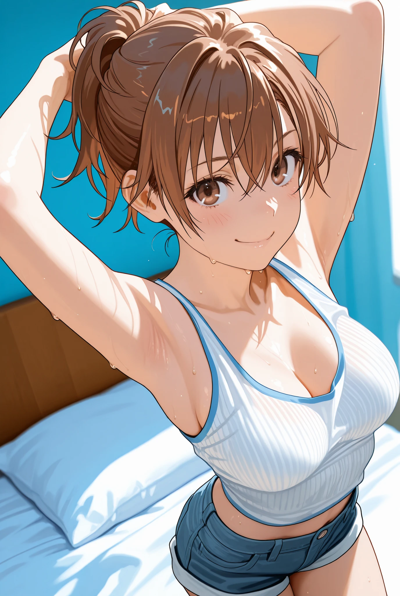 Happy, Gothic art, 8k, super detail, super detail, textured skin, anatomically correct, 8k,love live!, kousaka honoka,(beautiful detailed blue eyes), (best quality), (ultra-detailed), (masterpiece), solo, (dynamic pose), 1 girl, wavy hair , low waisted jeans pants, sexual arousal, sexual expression, shiny skin., (camel toe), big eyes, anime, tank top, (black lips:0.6), wet,cover_page