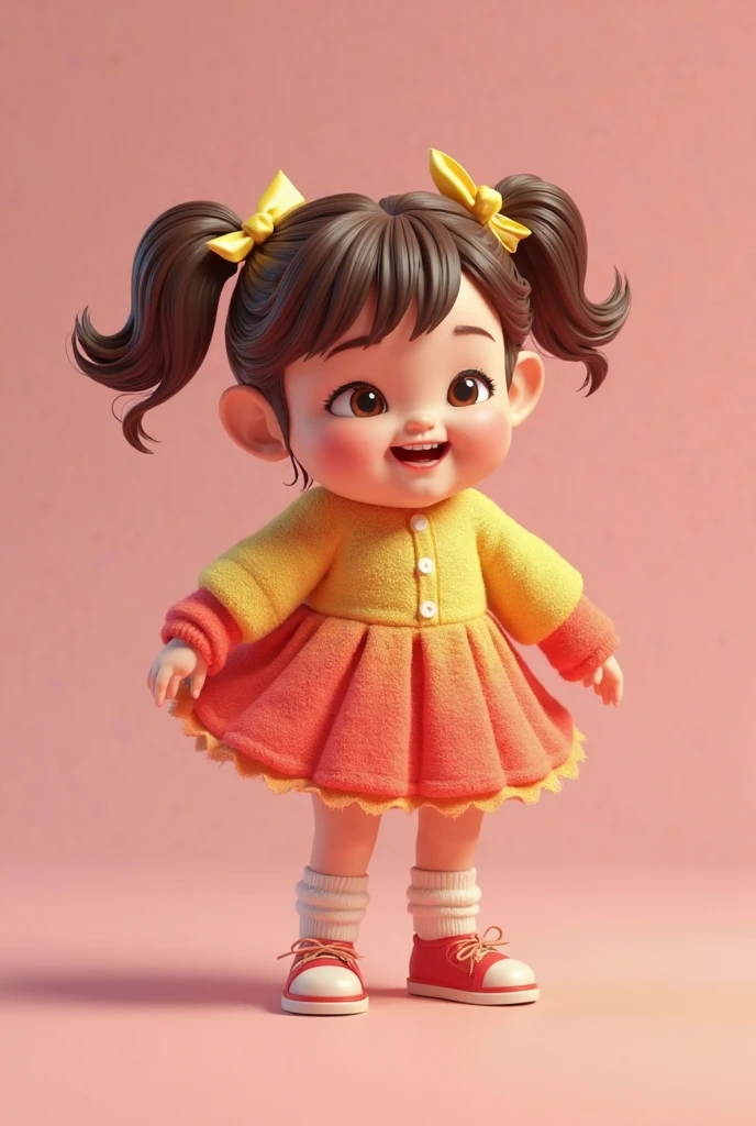 Design a three-year-old girl who is standing, that she has a dress and black shoes , and that she is combed with pigtails, with eyes looking forward and with her arms outstretched and happy