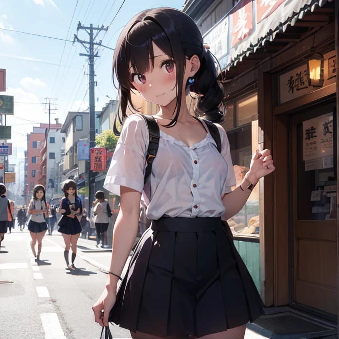 extremely detailed CG unity 8k wallpaper, best quality, ultra-detailed, masterpiece, realistic, photo realistic, extremely detailed woman, 20years old, (skirt lift), ((skirt lift by myself)), white lace panties, stockings, choker, panties focus, blush, parted lips, looking at viewer  , half body shot , wearing off-shoulder shirt  , (crowd), (crowded park) , short hair