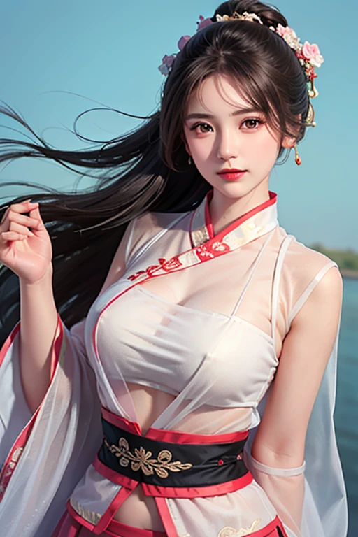 Chinese ancient style,18-year-old beauty,Quiet,Kneeling on the ground,blushing,Expression,White lace hanfu,Sexy bra,Dark background,Ancient style house,Large bust,Depiction,enchanting。Masterpiece,8K,Very close observation,细致Depiction