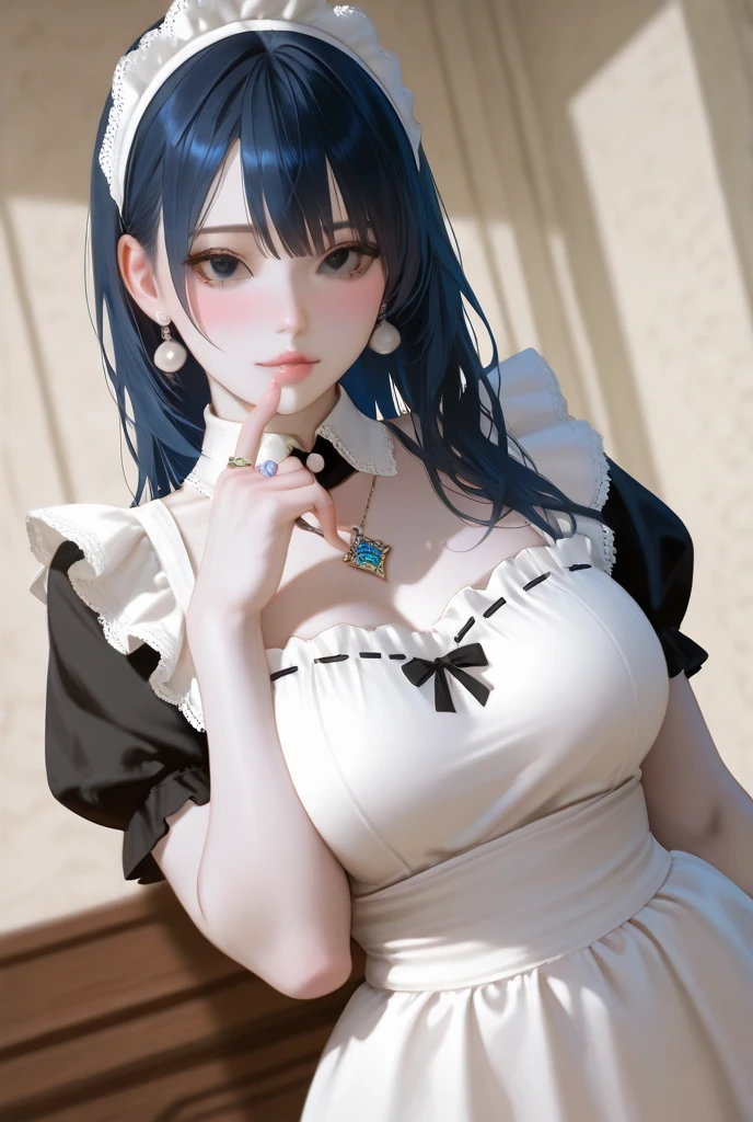 Top quality, (masterpiece: 1.2), Very detailed, Your own room, (((Full and soft breasts,)))(((Huge breasts))) (((Cleavage))) (Perfect curvy figure), 1 girl, Solitary, (meditation), , frown, Watch the audience, White hair, ,Delicate skin,Sexy, maid, maid apron, Maid headdress, Silver Eyes, There is light in the eyes, Practical, From the knee up, Radiant Skin, White skin, (Medium breasts). ultra-Practical, Practical, photoPractical, portrait, Vague