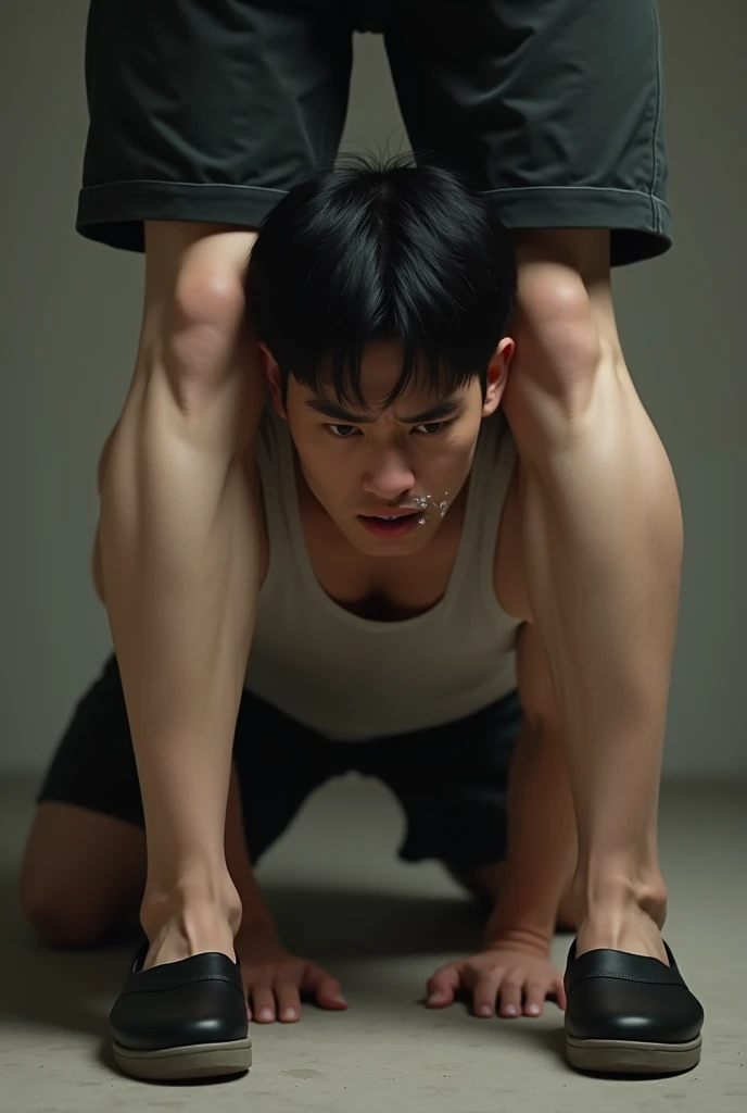 Afraid asain guy, white skin. Muscler, shirtless, beautiful body, wide shoulder, sitting on the floor, realistic, uper camera angle, pants, black cloth background, wooden floor, hyper detailed , detailed realistic body
Black eyes, hand is touching floor and wide open and whole weight is on the hands and shoulders . Chest is front and hands are back