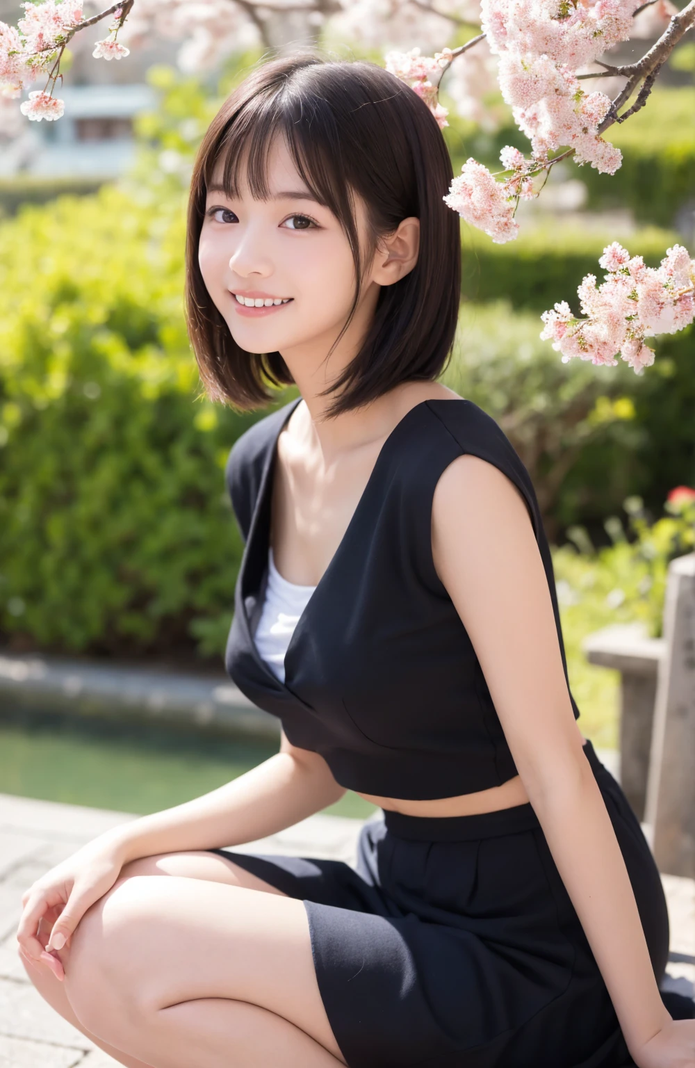 masterpiece, best quality, 1girl, medium hair, shiny hair, bob cut, black hair, tank top, shorts, shy smile, park