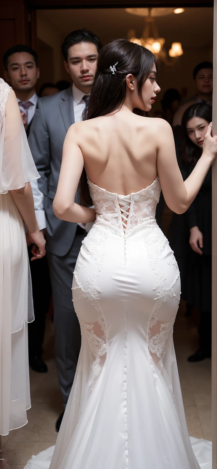(Best Quality, Masterpiece, Photo realistic, Ultra Detailed, ultra high res, raw:1.3), (1 woman, beautiful Japanese actress:1.3), double eyelids, bangs, smile, detailed face, detailed eyes, big breasts, big hips, (Mermaid dress), (from behind), (butt crack), (bare hips, bare back), looking_at_viewer, (award ceremony, crowd:1.5),