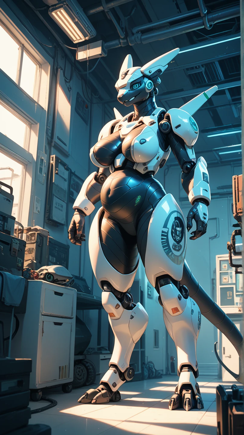 In the dimly lit set of an 80's sci-fi B-movie, a robot with an unusual appearance comes into focus. Its head resembles a diving helmet, metallic and gleaming. Two loose, dangling breathing tubes extend from the sides of the helmet, hissing as they exchange the robot's air. With utilitarian function as its primary design, the robot's body is bulky and simple, formed by geometric shapes that seem almost crude in their obviousness. The robot's movements are deliberate, each step a heavy, grinding clang that echoes through the vast, cavernous room. The robot's expression is inscrutable,