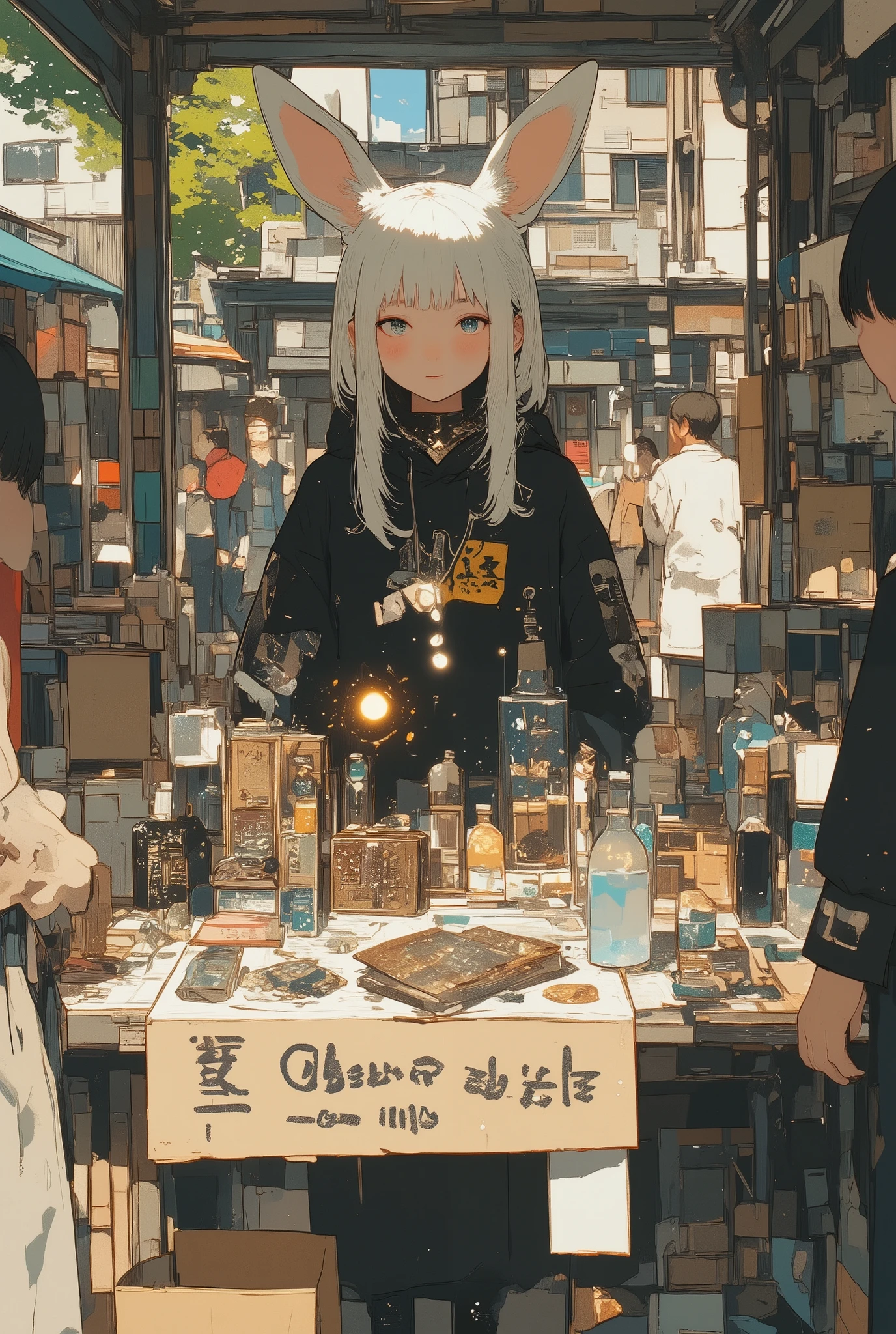 photo-realistic cinematic illustration of a sunny outdoor flea market in a city park, filled with vendor stalls selling handmade goods and vintage clothes, but one unusual stall is run by a mysterious woman with long white rabbit ears
she wears modern street-style clothing with subtle magical graffiti-like symbols on her hoodie, smiling calmly behind a table covered in glowing grimoires, cursed-looking rings, enchanted crystals, and strange vials of liquid
a handmade sign says “One of a kind — No refunds” in messy handwriting, curious visitors browse without realizing the items are magical, while a small shadowy creature peeks out from under the table
warm sunlight filters through the trees, gentle lens flare, shallow depth of field, soft film grain, surreal but grounded atmosphere, ultra-detailed, cinematic lighting, trending on ArtStation, aidmamj6.1
