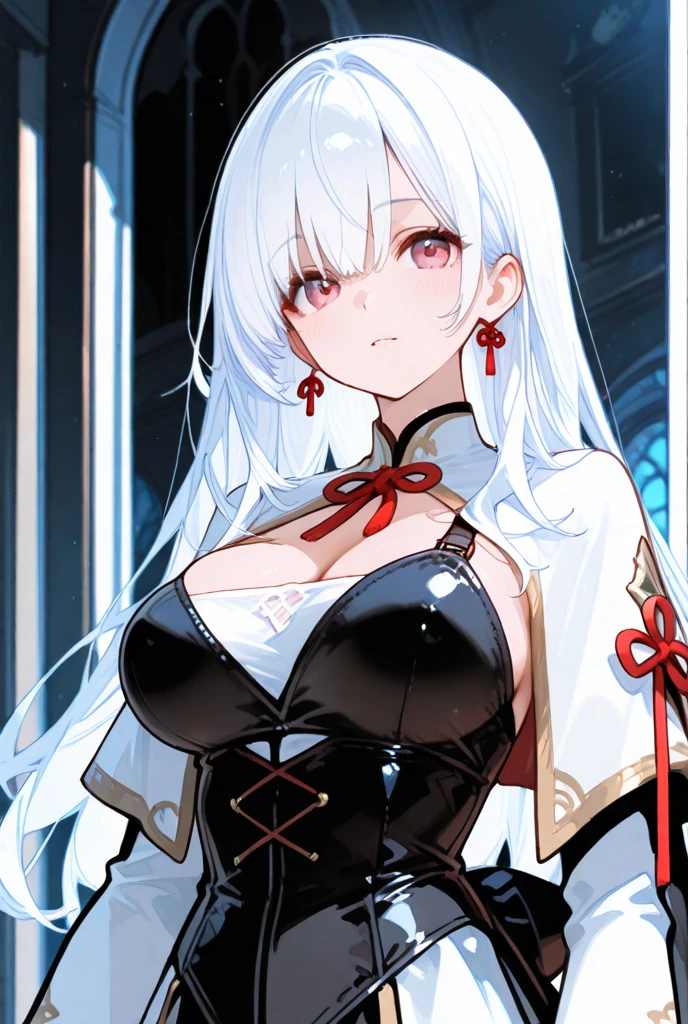 White-haired woman,Dangerous aura around,Scary red eyes,Black gauze dress with white trim..., thin, Yellow cloth covers all vital organs except the face......................................., Wear a knee-length white dress........................................,The arm does not reach the top of the hip........................................,The arms are small......................................, But the ligaments are very large........................................,Soft hands,at night,moon,turned sideways,Fold the red ribbon on the chest.............................................., ,Precise, bestquality,shape: Height about 164 cm... There is a CAP D on the chest....,,whitehair,A terrifyingly smiling face
