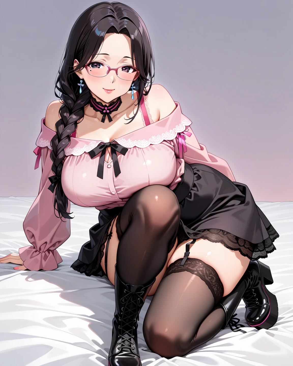 Una chica bonita y elegante, of 18 years, Pelo largo hasta las rodillas, pelo negro, ojos celestes, con lentes redondos, labios rojos, tetas grandes, , con camiceta, con falda roja y lineas negras, medias altas , con zapatos de varon botines.