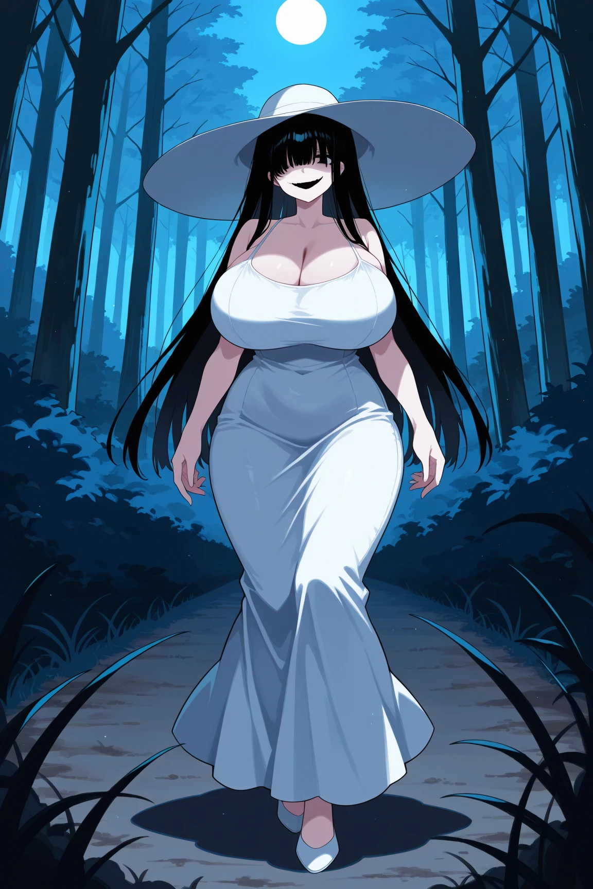Sexy witch, (((Bangs Covering Eyes))), black hair, thick lips.Long hair. Dark skin, (((full body standing))) , (((Hands on waist))), Black dress, cleavage, , Strapless dress,Thick thighs, big breasts, Sexy witch dress. Witch hat, inside a cave, walking sexually. Skirt that wraps hips, ((Long legs)), NSFW,thick thighs, big ass, big waist,