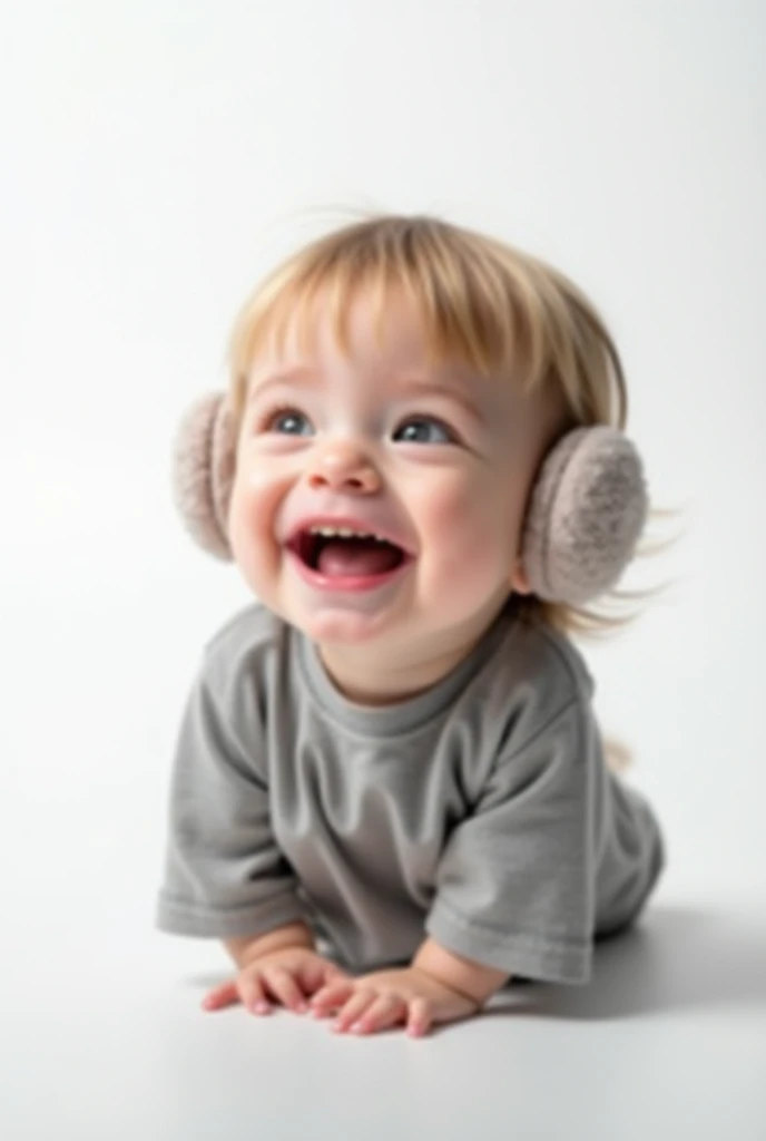 A white-haired, brown-eyed baby with blue clothes and fair skin wearing furry white headphones and posing with their hand near their face.
