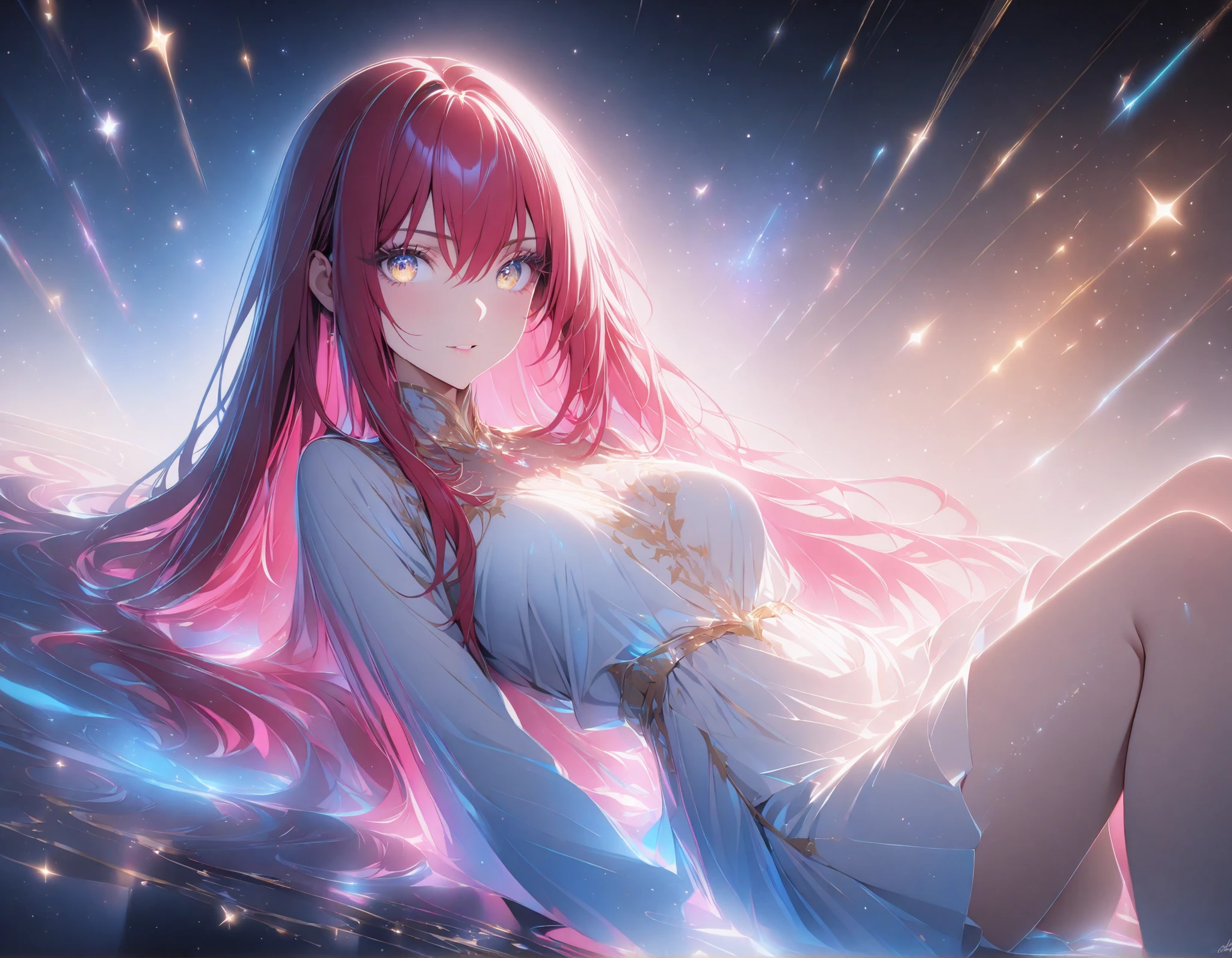 1 girl , golden eyes , very long hair , long sidelocks, red hair , petite , very cute , beautiful ,Straight hair, cool, handsome, hair between eyes, medium large breast,
character focus, depth of field, glowing particles, glowing, reflection, gold theme, ,,Colorful Light, Very Shiny, Very Luminous, Very Colorful, Very Glowing, Darkness, Starry Stars Cloud Colorful, Colorful Glowing Body, Colorful Glowing Skin, Colorful Glowing Clothes. ethereal girl floats weightlessly. vast galaxy sky, laying on her back, floats effortlessly amid swirling nebulas, distant stars, and glowing cosmic dust, flowing dress billow gently, trailing luminous streaks of stardust. celestial fabric, Short dress. shimmers with deep cosmic blues, purples, and iridescent star-like accents. resembling swirling galaxies and nebulae. Delicate sheer layers. intricate constellation embroidery. subtle metallic and holographic elements capture the twinkling vastness of space. radiant stars are scattered. otherworldly glow. beams of light are cast across cosmos. nebulas swirl with rich colors accented by delicate gold. -definition, ultra-detailed effect.
Rendered in 4K ultra-detailed, hyper-realistic, cinematic lighting, with soft ambient glows, rich textures, depth of field, and stunning contrast, this breathtaking artwork immerses the viewer in a serene yet powerful celestial dreamscape.
, Hiori Light Art, Backlight, novuschroma64 style