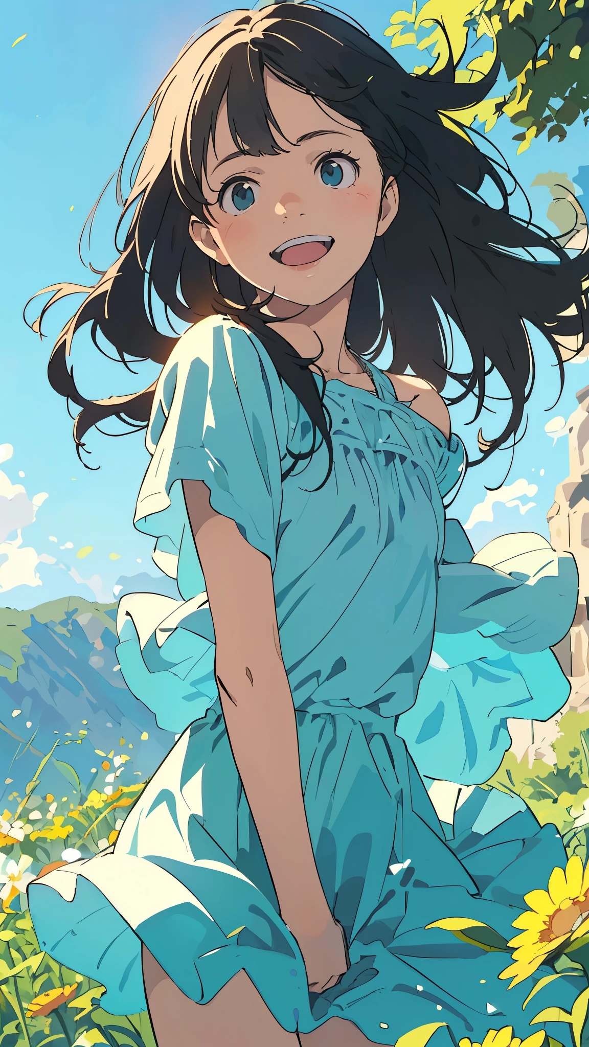 Reasonable design, Clear lines, High Sharpness, (Highest quality,4k,Perfect sharpness,Ultra fine,High resolution,masterpiece:1.2), Perfect Anatomy:1.5, Official Art, Illustrations that tell a story, (Whitish background:0. 9)、Body Positivity、多Mr.な身体表現、(Random and energetic poses)、Perfect beauty、Perfect beautiful face、Strong winds、A rich expression、Dynamic composition、smile、Golden ratio composition、colorful、((Mr.々Different angles and perspectives))、Anime Art、(Mini dress)、(Overcoming stereotypes)、 Glowing Skin、(Natural beauty)、smile、Bangs、(Soft and flowing hair)、(countryside)、(Nostalgic atmosphere)、Put up to your feet、(Playful and carefree)、(多Mr.な民族のキャラクター)、(innocent attitude)、(Sunny atmosphere)、(The skirt flutters wildly in the wind)、(Bright colors)、Beautiful Eyes、(Embarrassing)、Braided Hair、Summer Scene、Smiling among flowers