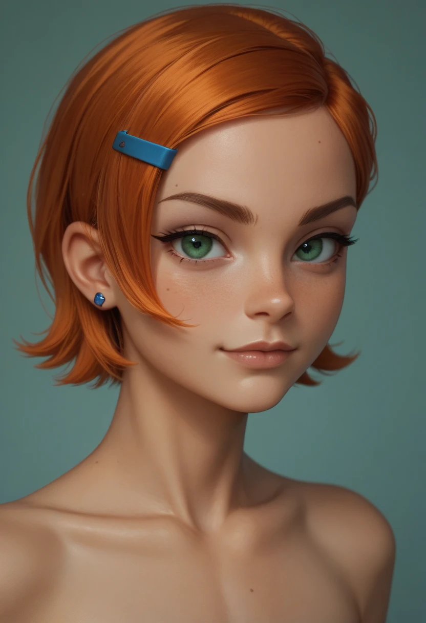 score_9, score_8_up, score_7_up,score_6_up, score_5_up, 1girl, looking at the viewer, gwen_tennyson, ben_10, 1girl, green_eyes, orange_hair, small_body, flat chest, nude body, seductive