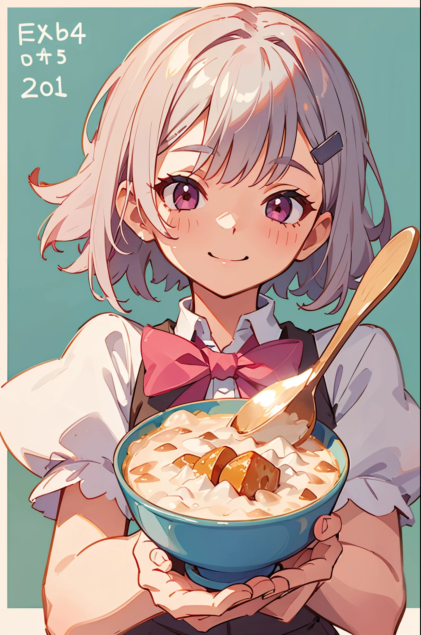 （Top quality、high resolution、very detailed）、Eat porridge 、Silvery short bob hair bundled with hair clips、pink eyes、spoon、smile、Blur Background、depth of written border