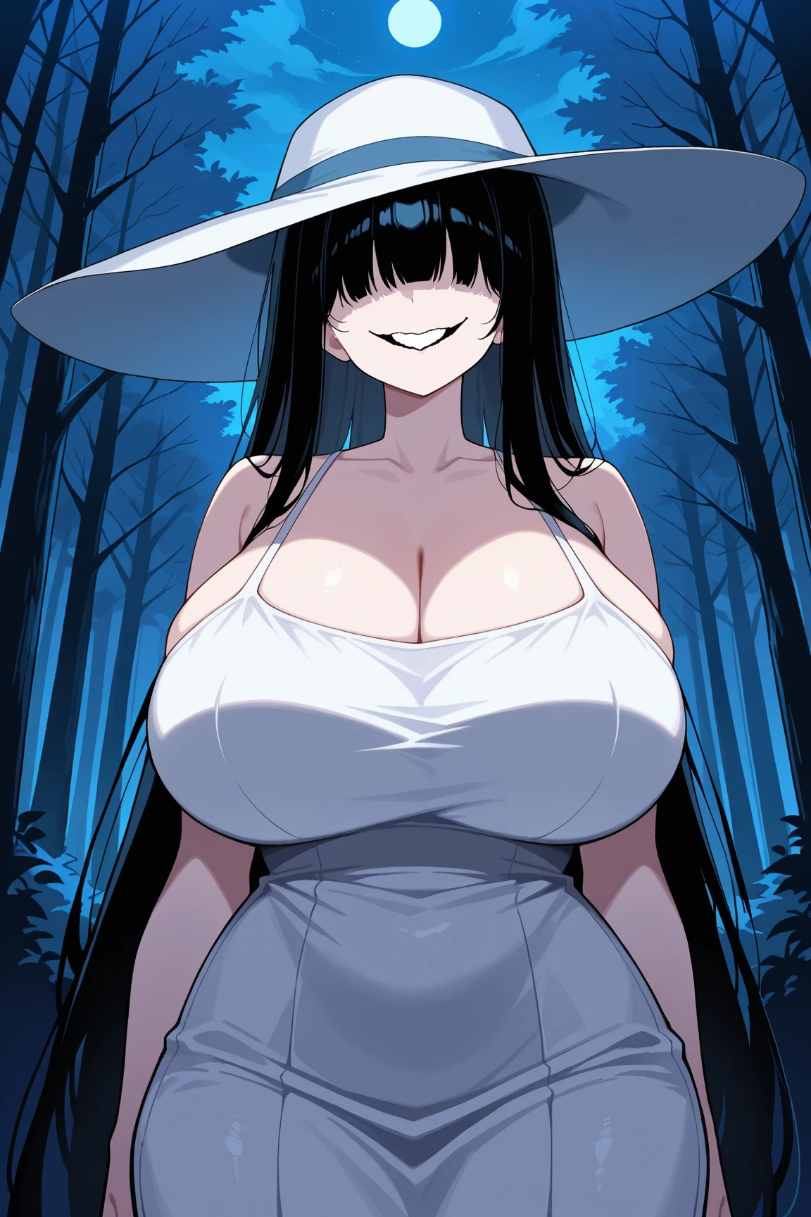 masterpiece, best quality, veronica, 1girl, sadako, black eyes, hair over eye, white dress, (torn cloth, rags:1.2), cowboy shot, zombie pose, looking at viewer, outdoor, haunted, moon, night, dark, forest, mansion, <lora:veronica-06_v2:0.8>