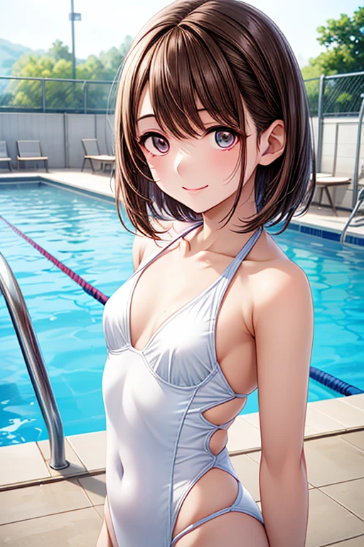 in poolside,Wet Dress Competition Swimwear,Expressed with a glossy iridescent orange metallic luster、Bright competitive swimsuit ,large full breasts,Beautiful breast slip,wetted skin,Wet face,(Glossy light brown and orange two-tone wavy short-cut hair),(wet and disheveled hair),Cute round face red lipstick,A cute face that makes the viewer happy,crouching down,bending forward,Digital Illustration,(natural soft light),(Sunlight),(Professional Lighting),(Photorealsitic:1.3),(Raw photo.),(masutepiece,top-quality,Ultra-high resolution output image,) (The 8k quality,),(Image Mode Ultra HD,)