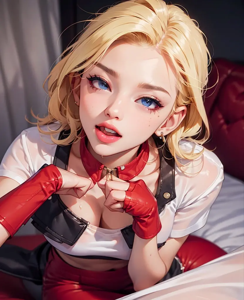 ，blond hair 28 year old girl, earrings , 、Face Real，(Wearing a shee white T-shirt:1.4)、Open your mouth wide to the maximum、Sit on the bed、Look straight up and look at us、deep v neck, Cleavage emphasis，(Super large zoom of chest)、no BRA、sexly, dripping on breasts, sweating, licking her lips, aroused, crop top, looking up at viewer, kneeling on bed, large breasts, pinching her nipples