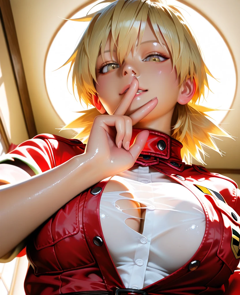lively、25 years old、polo shirt、garter belt、smile、cleavage emphasis，sweaty face，messy hair，Breathless face，sit on the bed，While looking at this，face zoom，red lips