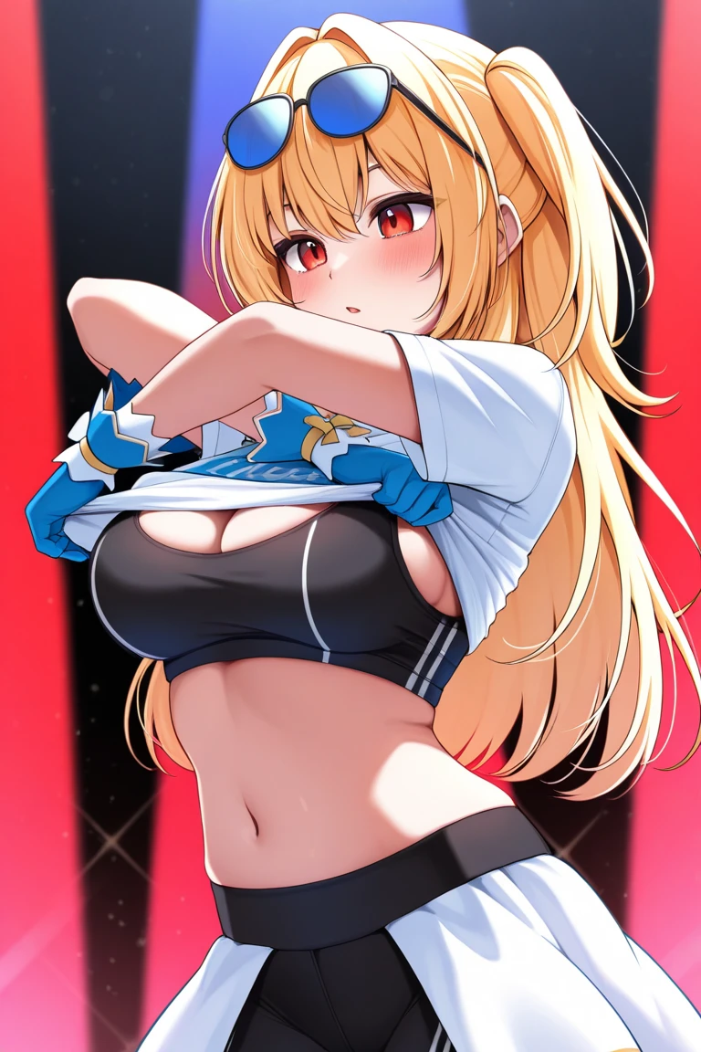 ((highly detailed)), ((nikke)), ((rapi: 1.2)), perfect human hands, (great breast:1.1),masterpiece, best quality, ultra-detailed, glistening shiny, glowing light, ray tracing, HDR, deph of field, (perfect face, detailed face, detailed eyes,perfect hands,perfect fingeredium :1.2),8k,HD,ultra realistic face,ray tracing,perfect lighting,best quality, ultra-detailed, shiny eyes, ( smile:1.1), ((1girl:1.2)),cowboy shot,thicc,streaked_hair,((brown gradient hair)),multicolored eyes, gradient eyes, red eyes, (glowing eyes:1.5), mascara, (fashion make up), (parted lips,blush, detailed face, cheerleader, stadium, pompoms, cheerleading ,dark blue sky),((super detailed background))),((super detailed background)), dynamic poses, ((8k wallpaper)), (mature female), black thighhighs, gigantic sagging breast, standing, (((lifting up skirt:1.4))), cheerleader outfit