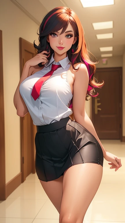 16k, Hyperrealistic, masterpiece, high detail, best quality, beautiful woman, gray school girl outfit with red tie, anime style, long brown hair styled with a high bun and low ponytail ((on each side of the head)), sheer ((red tights)), full body, forward facing, short gray skirt, large boobs, college girl, sitting on teachers desk in front of chalkboard, legs spread apart from each other, loose tie, unbuttoned shirt, heels, sexy, flirtatious,  facing camera, lifting up skirt revealing blank panties, belly button piercing