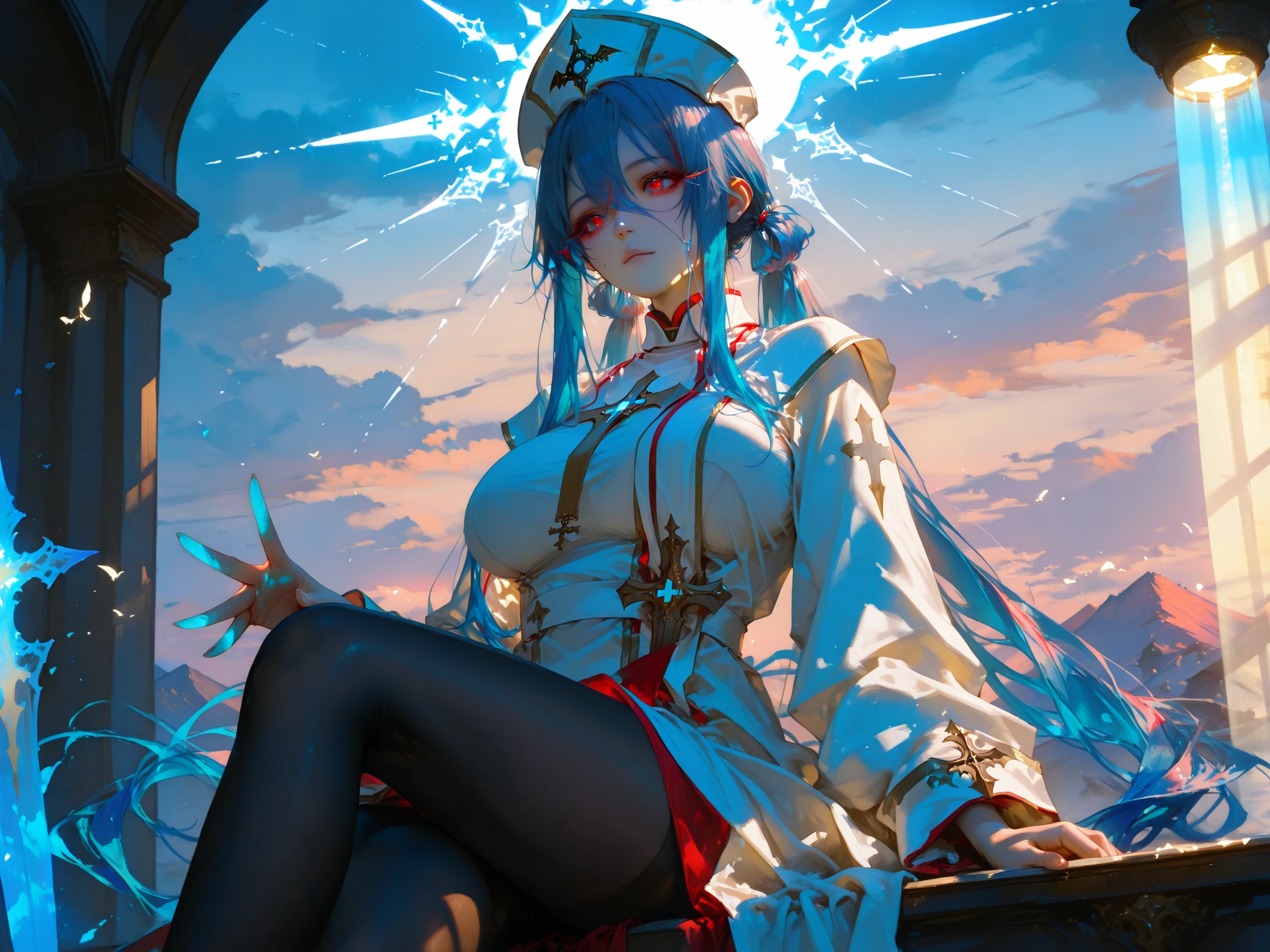 (realistic), (Masterpiece, Best quality, high resolution, Detailed hands, Detail fingers, facial details, detailed legs, perfect lighting), (1 girl, Details Girl , 20-year-old girl), (Red and blue hair,  double ponytail, long hair, red and blue eyes,Long Lashes， Big breasts), (White Robe, Priest Robe , nurse hat ，black pantyhose), (fantasy, Holy See:1.5), (dusk, Knights of Light,  Knights of Light:1.5), sacred ,(View from the front)