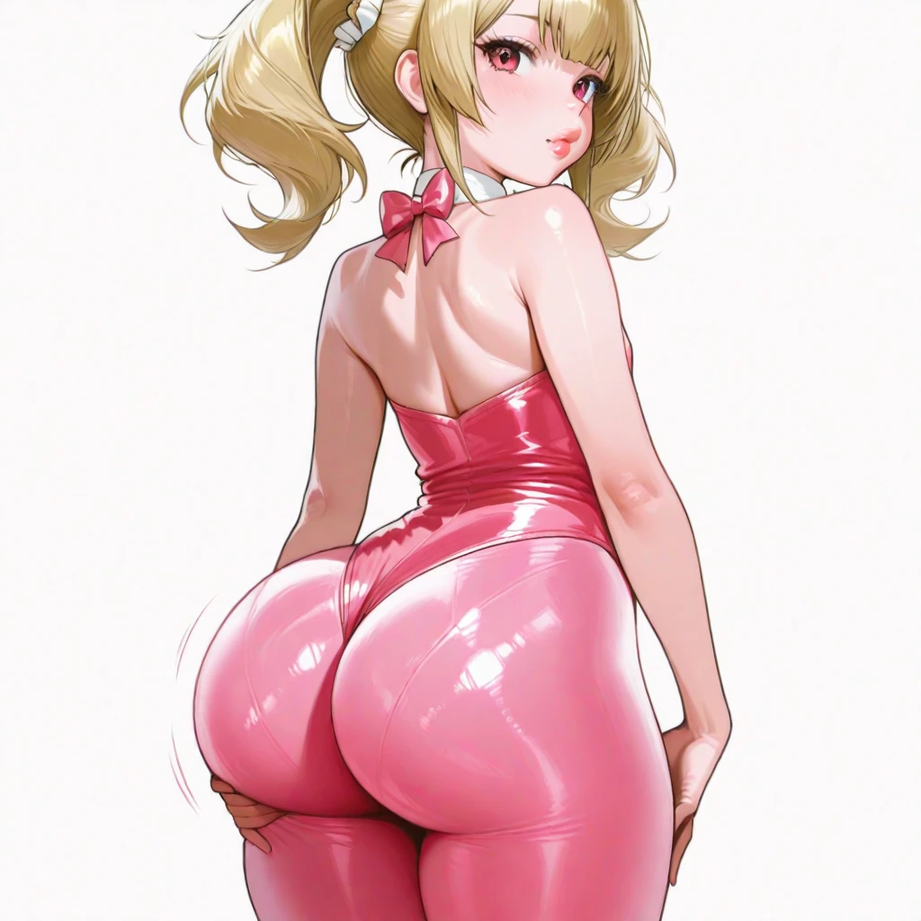 blush, smileglowing aura, natural light, masterpiece, glossy skin, juicy lips , ,sexy, hot, , cleavage, evil,juicy lips, bimbo, hour glass, blonde hair, wide eyes, green eyes, massive boobs, dark lighting, long hair, pink bow, oversized jumper, platform shoes, bow in hair, golden round glasses, sandy blonde hair, bimbo, cute, evil smile, no hair on forehead, no fringe, juicy lips, big ass , blush ,from below, cowboy shot, tights, black pencil shirt, panty shot, ((crouched down)), skirt up view, shocked expression , ((ass focus)),