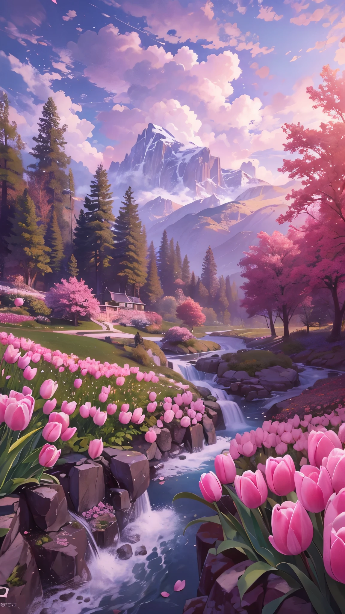  masterpiece, 最   high quality  ,   high quality  ,  high resolutionCG Unity 8K 壁紙  , landscape overlooking the ocean,  outdoor, I want a mountain ,  Scenery, water, tree, Blue Null, waterfall, cliff, Nature, lake, river , cloudy sky,  cliff ,  Award Winning Photos　Hug from behind,   embellished red vest   ,   high resolution , Pink Tulips  , Chromatic Aberration,   photorealism ,  Tall and very detailed   , art station trends if you look at,    high detail, Dramatic,    art you can enjoy anytime