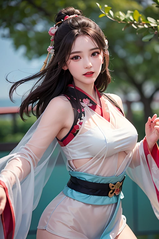 Ancient Chinese architecture，National style beautiful girl，Wear revealing Hanfu，Simple clothing， Minimalist style，Mixed Chinese and American races，The background is blurred out，focal，电影灯光，(((tmasterpiece))), ((best qualtiy)), ((Complex and detailed)), ((ultra-realistic realism)), Ridiculous resolution, A MILF, Mature woman, ssee-through, highly  detailed, illustratio, 1girll, (mediuml breasts), Thin waist and thick hips，long leges，beatiful detailed eyes, short detailed hair, brunette color hair, a purple eye, blackstockings，lacy clothing，Skirt that wraps hips，tightsuit，with faintly visible，Cool clothing，The body proportions are perfect，（No underwear：1.2），detailed back ground, perfect  eyes, Seductive eye, （nice hand），Detail hands，looking at viewert，From the front，Wear light，juicy legs，deep v big breasts，