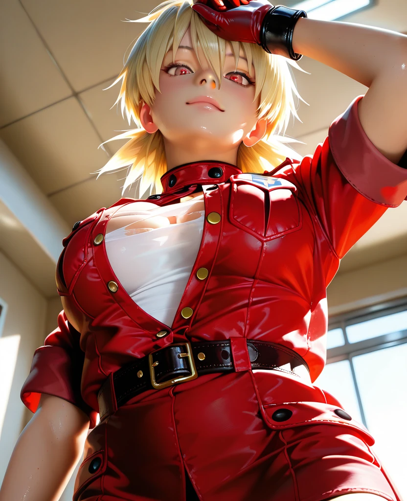 (Masterpiece, Best Quality:1.2), (covered in blood,:1.3) Walking, Seras Victoria, Hellsing, 1girl, 独奏, hair above one eye, Smile, sharp teeth, Short hair, blonde hair, Glowing Red Eyes, huge bare breasts, Red Uniform, military uniform, red skirt, red gloves, belt, (black thighs:1.1), Torn hips, night  sky, exteriors, niji style