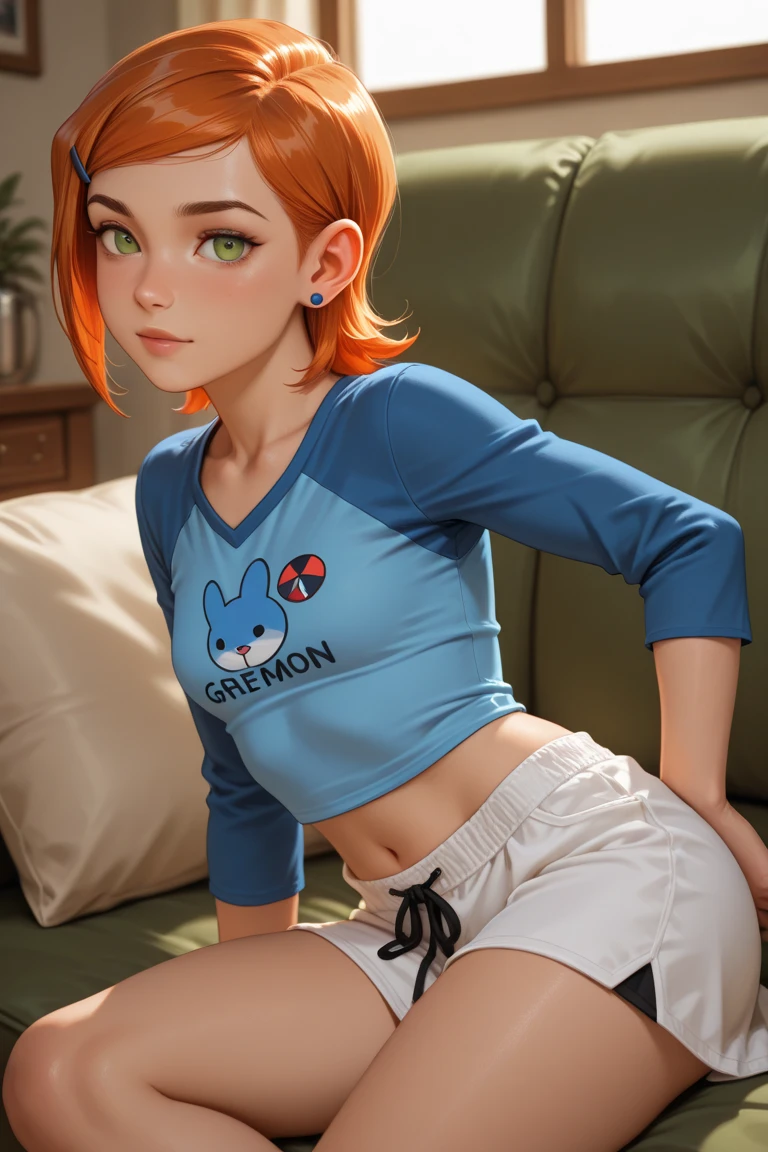 (masterpiece, best quality), 1girl, claasicgwen,solo,orange hair,short hair,green eyes ,blue shirt,raglan sleeves,long sleeves,white pants