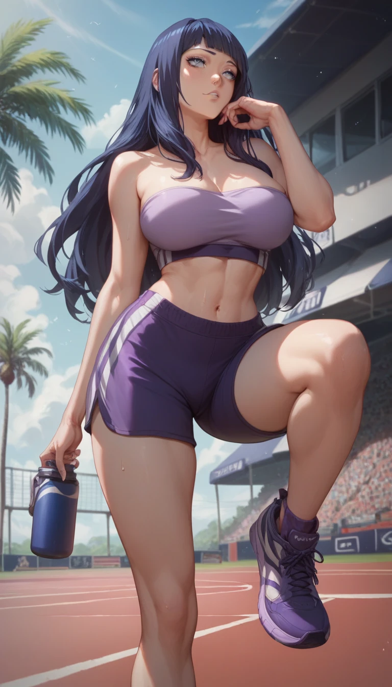 Masterpiece ,best quality , high resolution , ultra detail , colorful , (1 girl solo:1.38) , (Misato katsuragi) , (black eyes, ponytail , purple hair, medium_long_hair, make up, necklace, tall, slim body,) , (wear baseball hat , belly , navel , sport top , sport short , stockings ) , (arms behind back . hands behind back) , (cleavage:1.15) , (big breast:1.1) , (face view , look at view , from behind , back view , head back , looking back ) , (outdoor , Baseball field,race,streamers,victory,celebrate) , (standing , Legs , thighs , cowboy shot) , ( full face blush , shy , smile , open mouth)