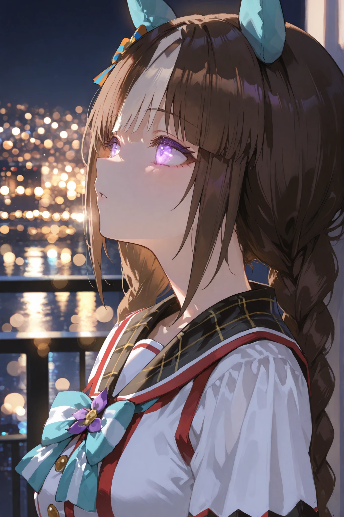 masterpiece、hokko tarumae \(umamusume\)、A dramatic anime-style bust-up portrait of a character, framed like a cinematic photograph. The background features a stunning night cityscape with vibrant, glowing lights and soft bokeh effects, creating a dreamy and atmospheric mood. The character is lit with gentle, warm lighting from the side, casting subtle shadows to enhance the dramatic tone. The scene feels intimate and emotional, with a focus on the character's expression and the sparkling night backdrop, yabuki