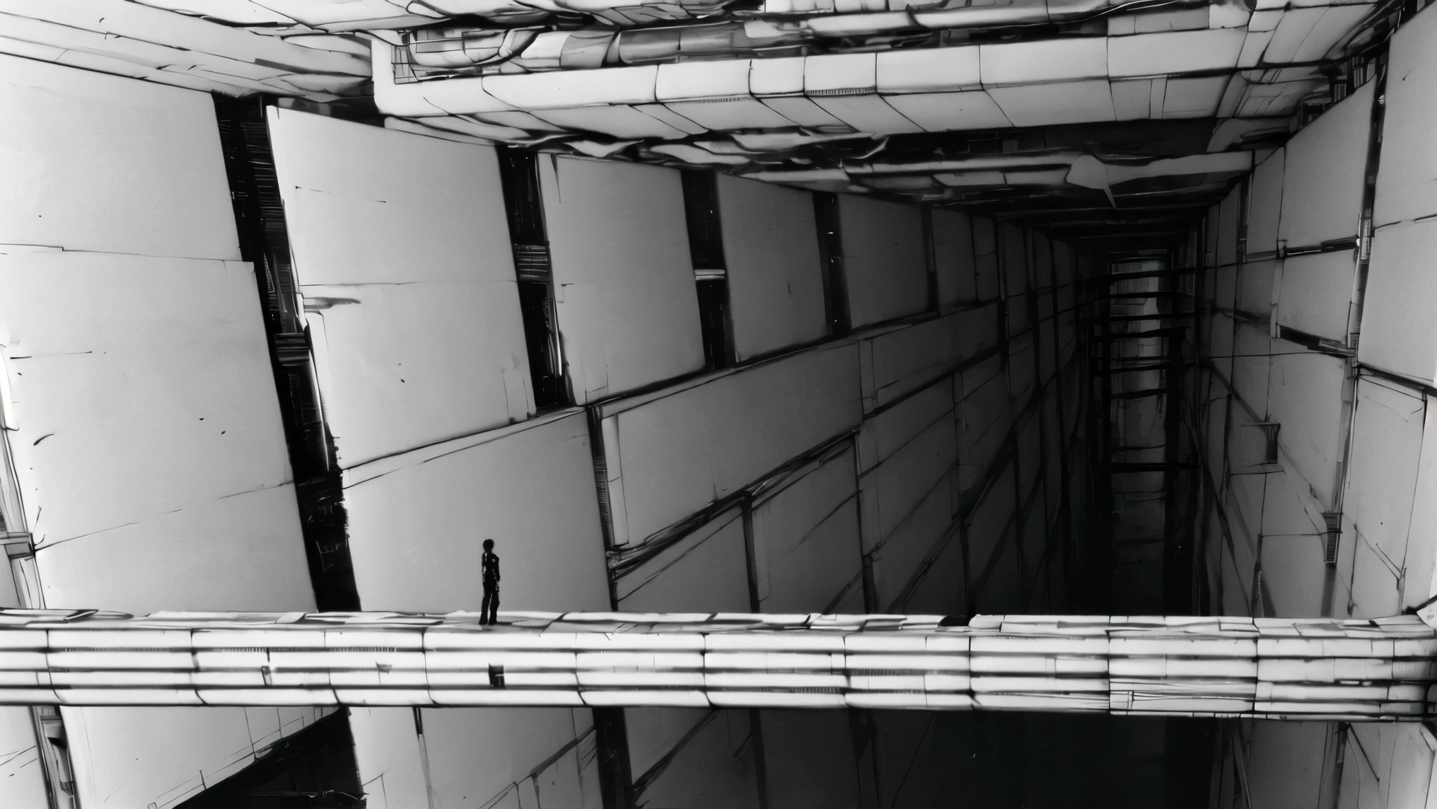 A lone male warrior standing in a vast dystopian megastructure, inspired by Tsutomu Nihei's BLAME!, wearing a sleek black tactical exosuit with modular armor plates and complex belt systems, holding a red-accented high-tech handgun. He has short black hair, a pale emotionless face with a cold stare, and a lean but muscular build. Around him lie broken cybernetic enemies with white armor and exposed black mechanical limbs, splattered with vivid red blood.

The environment features massive vertical walls, endless steel corridors, industrial megastructures, suspended platforms, intricate pipes, and dark shafts vanishing into infinity. The lighting is harsh and high-contrast, casting long shadows and emphasizing the oppressive scale. The atmosphere is silent, metallic, and desolate, evoking a sense of isolation and ancient technological decay.

Highly detailed linework, manga noir mood, gritty textures, cinematic 35mm composition, realistic shading, desaturated monochrome palette with sharp red accents.
