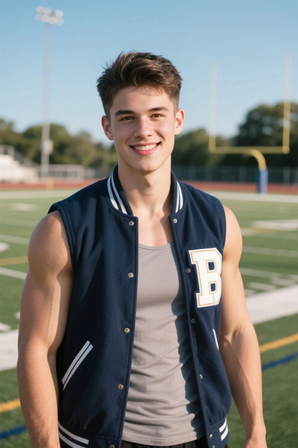 Arthur is a high school guy with a dark, handsome face, tan skin, and muscular football player.