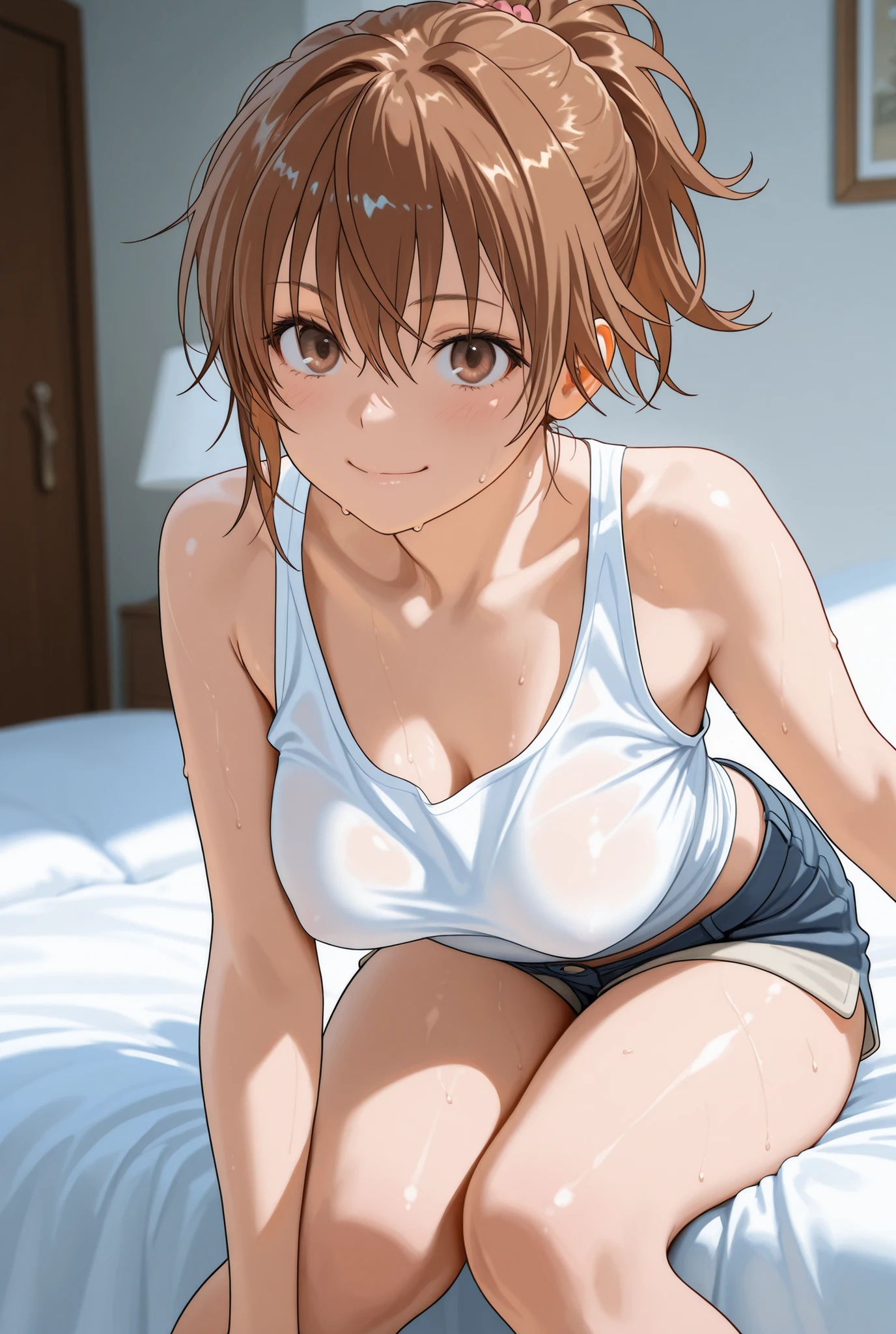 (Highest quality:1.5, High resolution, uhd, 4K, Detailed lighting, Shaders), NSFW Misaka Mikoto, solo short hair Brown Hair Brown eyes Cool face Black shorts Sports bra with a small area Realistic sun rays 綺麗な公園 Sweat Beautiful Abs Small breasts 1girl, (nsfw:1.0), Spread your legs, seat, Elevate your legs, nude, (Pussy Focus:1.0) Sweat, Shiny skin, Heavy breathing, ( Sex, sexual intercourse, Insert, Hetero, Motion Lines, Motion Blur, Talking Spirit:1.1), (Lying, Lying on your back, bed,Subjective:1.1)blush depressed Face distorted by pleasure Resisting Pleasure Blushing cheeks wet Nipples licked Overflowing body fluids Spurting body fluids ((Lean back)) (((Ecstasy)))++ Raise your arms Sloppy posture Beautiful Armpits Completely naked {{topless}}