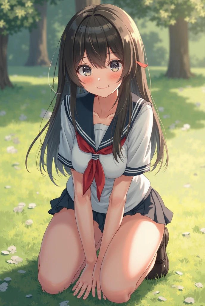 (masterpiece, best quality:1.2),illustration,8k,hd,1girl,solo,upper body,(portrait:1.2),brown_hair,folded_ponytail,brown_eyes,serafuku,long_hair,school_uniform,skirt,pleated_skirt,