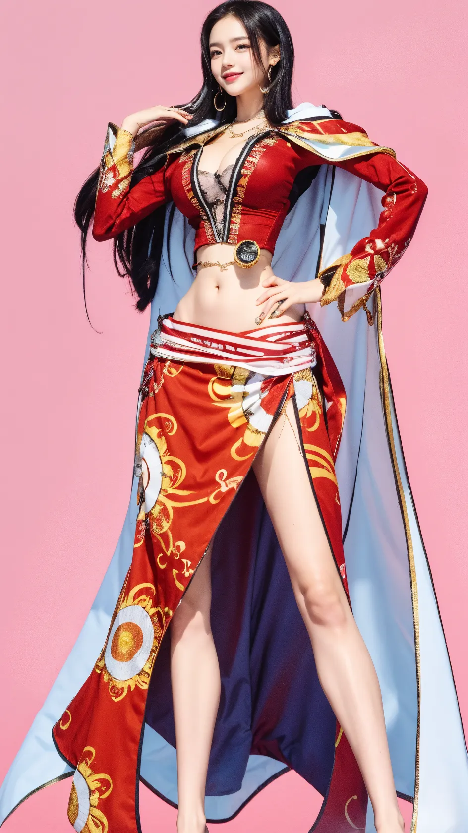 ((masterpiece, Best Quality, high resolution, Perfect Pixel, 8K))), ((1 girl、full body seen、Boa Hancock))、 ((Bangs、gorgeous black hairs、Long beautiful black hairs))、((Gorgeous eyes、Beautiful eyelashes、Realistic eyes))、 ((Detailed face, Blushing:1.2))、((Smooth texture:0.75, Realistic texture:0.65, Photorealistic:1.1, Anime CG style))、Dynamic Angle、Perfect body、(Posing for a hot pic、pointing towards viewer、big size breasts、perfectly insanely detailed eyes、((Background ocean、standing on pirate ship、wearing a small laced top、smiling beautifully、happy face))、Perfect realistic representation of face、ultra realistic eyes、ultra insanely detailed eyes、standing、(beautiful portrait、very High quality、ultra high definition、 insanely detailed face、ultra high quality、close up photography、ultra high clarity、best quality)、insanely detailed dress、realistic representation of a face、(curvy body、navel)、white skin、glistening sweaty body、best image quality、best clarity、 highest resolution、8k resolution、ultra high resolution、beautiful smile、beautiful eyelashes、Staring at viewer、 beautiful face、gorgeous representation of a face、perfect body、((cowboy shot、full body posture))、erotic look on face、glistening sweat、dynamic lightning、perfect body、dynamic lightning、Bright_Front_face_Lighting、seen from front、shiny skin、bokeh:1.2、Full body shot、professional photograph