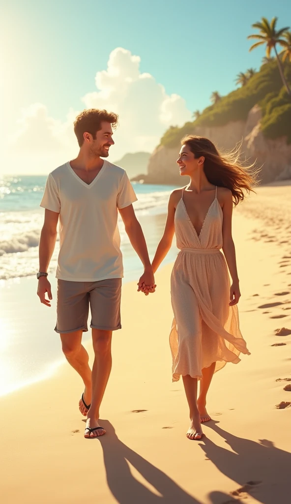 Male and female 28 years old they were walking in sand near beach in morning realistic 
